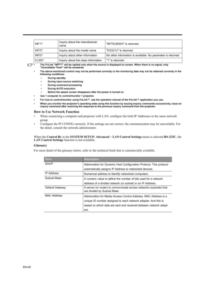 Page 40EN-40
• The PJLink INPT? will be replied only when the source is displayed on screen. When there is no signal, only 
Unavailable Time! will be answered.
• The above-mentioned control may not be performed correctly or the monitoring data may not be obtained correctly in the 
following conditions:
• During standby
• During input source switching
• During command processing
• During AUTO execution
• Before the splash screen disappears after the power is turned on.
• Use 1 computer to control/monitor 1...