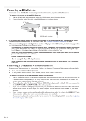 Page 18EN-18
Connecting an HDMI device
You should use an HDMI cable when making connection between the projector and HDMI devices.
To connect the projector to an HDMI device:
1. Take an HDMI cable and connect one end to the HDMI output port of the video device.
2. Connect the other end of the cable to the HDMI input port on the projector.
In the unlikely event that you connect the projector to a DVD player via the projectors HDMI input and the projected picture 
displays wrong colors, please change the color...