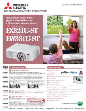 Page 1Short Throw Projector for 
flexible installation and 
efficient use of room space
EX321U-ST
NEW
Mobile XGA Projector
EW331U-ST
NEW
Mobile WXGA Projector
3 Major FunctionsMore Functions
Using a projector in small meetings rooms used to be difficult due to 
insufficient projection distance. Not any more! The EX321U-ST and EW331U-ST 
require a mere 29.2” and 24.8” respectively for a projection of a clear, 
easy-to-read screen image approximately the size of a 60” whiteboard. 
It can be set on the edge of a...