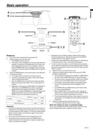 Page 13EN-13
ENGLISH
Basic operation
Power-on 1. Turn on the device connected to the projector first. 
2. Plug the power cord in the wall outlet. 
 The POWER indicator lights up. 
 If the power cord is unplugged from the wall outlet before the 
projector is cooled down completely after use, the fans may 
start rotating when the power cord is plugged in next time 
and the POWER button may not function. In this case, wait 
for the fans to stop and press the POWER button to light the 
indicator. 
3. Press the...