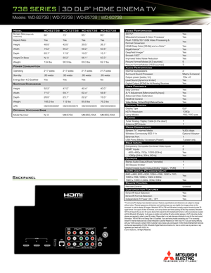 Page 2*TV	and 	some 	PC 	displays 	have 	standard 	overscan. 	Features, 	specifications 	and 	dimensions 	are 	subject 	to 	change	without 	notice. 		Physical 	appearance 	of 	television 	and 	matching 	base 	may 	vary 	slightly 	from 	images 	shown 	on 	this	document. 	In 	order 	to 	display 	3D 	images. 	Mitsubishi 	3DTVs 	(738 	and 	838 	series) 	currently 	support 	the 	side-by-side 	3D	signal 	format. 	For 	support 	of 	other 	3D 	formats, 	such 	as 	top-bottom 	and 	frame 	packing 	(3D 	Blu 	Ray...