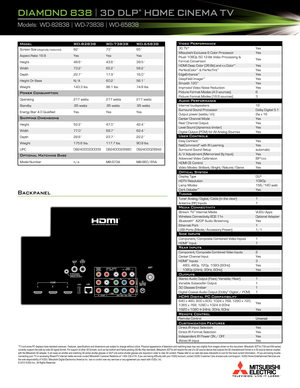 Page 2*TV	and 	some 	PC 	displays 	have 	standard 	overscan. 	Features, 	specifications 	and 	dimensions 	are 	subject 	to 	change 	without 	notice. 	Physical 	appearance 	of 	television 	and 	matching 	base 	may 	vary 	slightly 	from 	images 	shown 	on 	this 	document. 	Mitsubishi 	3DTVs 	(738 	and 	838 	series)	currently 	support 	the 	side-by-side 	3D 	signal 	format. 	For 	support 	of 	other 	3D 	formats, 	such 	as 	top-bottom 	and 	frame 	packing 	(3D 	Blu 	Ray 	standard), 	Mitsubishi 	3DTVs 	will...