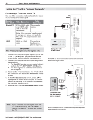 Page 1816 1.  Basic Setup and Operation
In Canada call 1(800) 450-6487 for assistance.
Connecting a Computer to the TV
Use one of the connection methods listed below based 
on your computer’s video output.
Computer 
Video OutputVideo ConnectionAudio
Connection
Digital DVIDVI-to-HDMI cable 
or an HDMI cable 
with an HDMI-to-
DVI adapter
Stereo audio 
cables
Note:  If the computer’s audio output 
is a single mini jack, a mini audio-to-
RCA-male “Y” adapter cable is also 
required.
HDMIHDMI-to-HDMI 
cable
No...