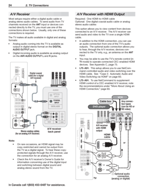 Page 2624 2. TV Connections
In Canada call 1(800) 450-6487 for assistance.
A/V Receiver
Most setups require either a digital audio cable or 
analog stereo audio cables.  To send audio from TV 
channels received on the ANT input or devices con-
nected directly to the TV, you must use one of the 
connections shown below.  Usually, only one of these  
connections is required.
The TV makes all audio available in digital and analog 
formats:
Analog audio coming into the TV is available as •	
output in digital stereo...