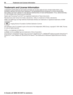 Page 8684 Trademark and License Information
In Canada call 1(800) 450-6487 for assistance.
LICENSOR’S SUPPLIERS DO NOT MAKE OR PASS ON TO END USER OR ANY OTHER THIRD PARTY, ANY 
EXPRESS, IMPLIED OR STATUTORY WARRANTY OR REPRESENTATION ON BEHALF OF SUCH SUPPLIERS, 
INCLUDING, BUT NOT LIMITED TO THE IMPLIED WARRANTIES OF NON-INFRINGEMENT, TITLE, MERCHANTABIL-
ITY OR FITNESS FOR A PARTICULAR PURPOSE.
Digital Light Processing® and DLP® are registered trademarks of Texas Instruments.
Manufactured under license from...