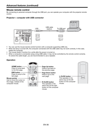 Page 36EN-36
Mouse remote control
By connecting to personal computer through the USB port, you can operate your computer with the projector remote 
control. 
Projector + computer with USB connector
Operation
•  You can use the mouse remote control function with a computer supporting USB only. 
•  When the lamp is turned ON, the computer connected with the USB cable may not work correctly. In this case, 
restart the computer.
•  The mouse doesn’t function for a while after the power is turned on. 
•  When a...