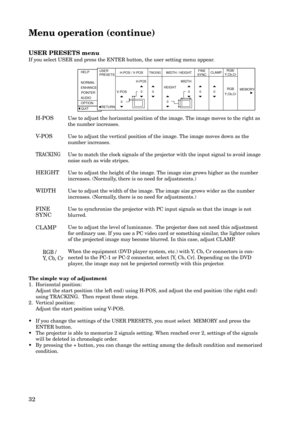 Page 3232 USER PRESETS menu
If you select USER and press the ENTER button, the user setting menu appear.
Use to adjust the horizontal position of the image. The image moves to the right as
the number increases.
Use to adjust the vertical position of the image. The image moves down as the
number increases.
Use to match the clock signals of the projector with the input signal to avoid image
noise such as wide stripes.
Use to adjust the height of the image. The image size grows higher as the number
increases....