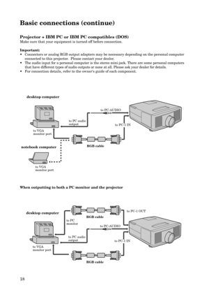 Page 1818 Projector + IBM PC or IBM PC compatibles (DOS)
Make sure that your equipment is turned off before connection.
Important:
•Connectors or analog RGB output adapters may be necessary depending on the personal computer
connected to this projector.  Please contact your dealer.
•The audio input for a personal computer is the stereo mini-jack. There are some personal computers
that have different types of audio outputs or none at all. Please ask your dealer for details.
•For connection details, refer to the...