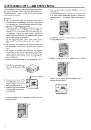 Page 3232
The light source lamp is designed to project the image
on the LCD panels. When the light source lamp no
longer functions, replace it with a new one to ensure
optimum performance.
Caution:
• Do not remove the light source lamp from inside of
this equipment immediately after using the projec-
tor, you may get burned because of the high tem-
perature of the light source lamp.
• When you replace the light source lamp, press the
power button to power off, then wait for 120 sec-
onds in stand-by mode to...
