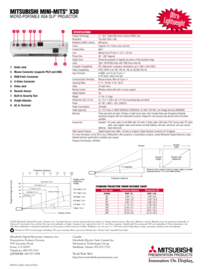 Page 2STANDARD PROJECTION THROW DISTANCE CHART
Screen size Projection distance Dimension (H)inches feet / m inch / cm36" 3.93 / 1.2 3.90 / 9.960" 6.56 / 2.0 6.65 / 16.980" 8.85 / 2.7 8.86 / 22.5100" 11.15 / 3.4 11.06 / 28.1120" 13.45 / 4.1 13.27 / 33.7150" 16.73 / 5.1 16.61 / 42.2200" 22.30 / 6.8 22.13 / 56.2
Screen
width
Screen
height Screen
17.3 degrees
Projection distanceDistance from center of lens to lower edge of screen
(represented as “H” in the table below)Screen size...