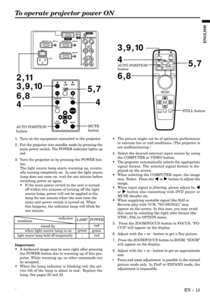 Page 13´EN – 13
ENGLISH
To operate projector power ON
•The picture might not be of optimum performance
in extreme hot or cold conditions. (The projector is
not malfunctioning.)
4.  Select the desired external input source by using
the COMPUTER or VIDEO button.
•The projector automatically selects the appropriate
signal format. The selected signal format is dis-
played on the screen.
•When selecting the COMPUTER input, the image
may  flicker.  Press the $ or % button to adjust the
image.
•When input signal is...