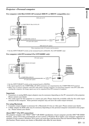 Page 11´EN – 11
ENGLISH
For computer with Mini D-SUB 15P terminal (IBM PC or IBM PC compatibles etc.)
L
R
S-VIDEO
VIDEO
AUDIOMAIN
REMOTE
AC INAUDIO OUTVIDEO 1
           INVIDEO 2 
          IN
COMPUTER OUTOIAUDIO 2  IN COMPUTER 2  IN
AUDIO 1  INUSB
DIGITAL
ANALOGINPUT SELECTCOMPUTER 1  INRS-232C
AUDIO OUT
MONITOR OUTPUT
to COMPUTER IN (Mini D-SUB 15P)
to COMPUTER AUDIO INto monitor
port
to COMPUTER 
OUT
to PC audio 
output
PC audio cable (option)
When outputting to both a PC monitor and the projector.RGB cable...