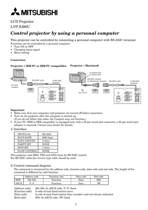 Page 301
Control projector by using a personal computer
1) Interface
This projector can be controlled by connecting a personal computer with RS-232C terminal.
Functions can be controlled by a personal computer:
• Turn ON or OFF
• Changing input signal
• Menu setting
Connection
Projector + IBM PC or IBM PC compatibles
to Com1
Comportto RS-232C 
terminal
RS-232C cable
D-SUB 9P
L
R
S-VIDEO
VIDEO
AUDIOMAIN
REMOTE
AC INAUDIO OUTVIDEO 1 
INVIDEO 2 
IN
COMPUTER OUTOIAUDIO 2  IN COMPUTER 2  IN
AUDIO 1  INUSB
COMPUTER 1...