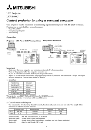 Page 301
Control projector by using a personal computer
1) Interface
This projector can be controlled by connecting a personal computer with RS-232C terminal.
Functions can be controlled by a personal computer:
• Turn ON or OFF
• Changing input signal
• Menu setting
Connection
Projector + IBM PC or IBM PC compatibles
to Com1
Comportto RS-232C 
terminal
RS-232C cable
D-SUB 9P
L
R
S-VIDEO
VIDEO
AUDIOMAIN
REMOTE
AC INAUDIO OUTVIDEO 1 
INVIDEO 2 
IN
COMPUTER OUTOIAUDIO 2  IN COMPUTER 2  IN
AUDIO 1  INUSB
DIGITAL...