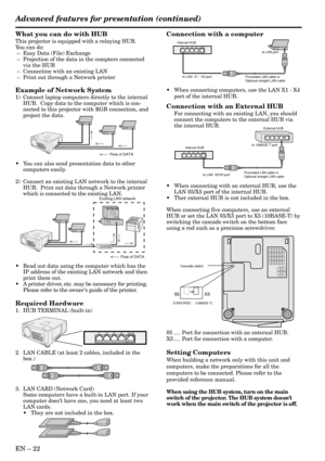 Page 22EN – 22
What you can do with HUB
This projector is equipped with a relaying HUB.
You can do:
 – Easy Data (File) Exchange
 – Projection of the data in the compters connected
via the HUB
 – Connection with an existing LAN
 – Print out through a Network printer
Example of Network System
1) Connect laptop computers directly to the internal
HUB.  Copy data to the computer which is con-
nected to this projector with RGB connection, and
project the data.
• You can also send presentation data to other
computers...