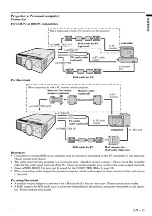 Page 11«EN Ð 11
ENGLISH
Connection
For IBM PC or IBM PC compatibles
to monitor 
port
computer
PC audio cable 
(optional)
RGB cable for PCRGB cable for PC
(optional)
to AUDIO IN
to PC audio 
outputto PC 
monitor
to COMPUTER
 IN
to COMPUTER OUT
When outputting to both a PC monitor and the projector.
For Macintosh
to video portcomputer
MAC adapter for
RGB cable (Optional) Monitor Conversion
adapter (optional)
RGB cable for PCMonitor cable
(optional)
to AUDIO IN
to PC audio 
output
to COMPUTER IN
to COMPUTER OUT...