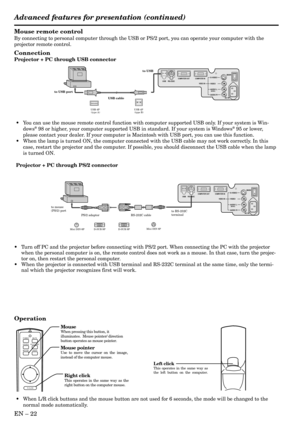 Page 22EN – 22
Mouse remote control
By connecting to personal computer through the USB or PS/2 port, you can operate your computer with the
projector remote control.
Connection
Projector + PC through USB connector
Operation
POWER MUTE
SOURCEKEYSTONE
MOUSE LASER
R-CLICK
Right clickThis operates in the same way as the 
right button on the computer mouse.
Mouse pointerUse to move the cursor on the image, 
instead of the computer mouse.
MouseWhen pressing this button, it 
illuminates.  Mouse pointer/ direction...