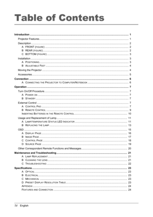 Page 4IVEnglish
Table of Contents
Introduction ..........................................................................................................................................  1
Projector Features.............................................................................................................................  1
Description ........................................................................................................................................  2
A FRONT (
FIGURE)...
