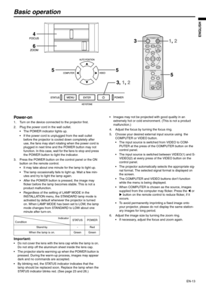 Page 13EN-13
ENGLISH
Basic operation
Power-on 
1. Turn on the device connected to the projector first. 
2. Plug the power cord in the wall outlet. 
 The POWER indicator lights up. 
 If the power cord is unplugged from the wall outlet 
before the projector is cooled down completely after 
use, the fans may start rotating when the power cord is 
plugged in next time and the POWER button may not 
function. In this case, wait for the fans to stop and press 
the POWER button to light the indicator. 
3. Press the...