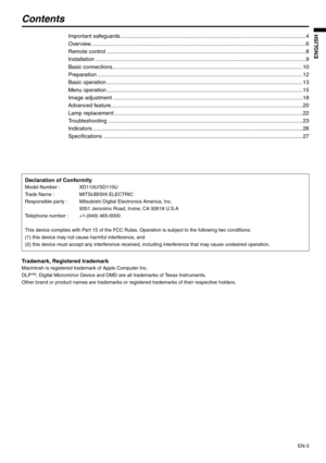 Page 3EN-3
ENGLISH
Contents
Important safeguards..........................................................................................................................4
Overview .............................................................................................................................................6
Remote control ...................................................................................................................................8
Installation...