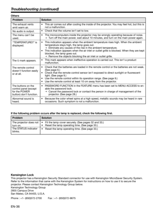 Page 36EN-36
Others
Problem
The exhaust vents 
emit warm air.
No audio is output. 
The menu can't be 
used. 
“TEMPERATURE!!” is 
displayed.
The 
 mark appears. 
The remote control 
doesn't function easily 
or at all.
The buttons on the 
control panel (except 
for the POWER 
button) don’t function. 
Abnormal sound is 
heard. Solution
•  This air comes out after cooling the inside of the projector. You may feel hot, but this is 
not a malfunction. 
•  Check that the volume isn't set to low. 
•  The...