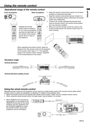 Page 9EN-9
ENGLISH
Using the remote control
Operational range of the remote control
•  Keep the remote control photo-sensor out of direct 
sunlight or ﬂ uorescent lamp light.
•  Keep the remote control photo-sensor at least 2 m 
away from ﬂ uorescent lamps. Otherwise, the remote 
control may malfunction.
•  If there is an inverter-operated ﬂ uorescent lamp 
near the remote control, the remote control opera-
tion may become unstable.
•  When you use the remote control too close to the 
remote control sensor,...