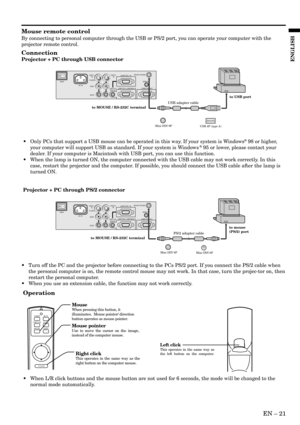 Page 21EN – 21
ENGLISH
Mouse remote control
By connecting to personal computer through the USB or PS/2 port, you can operate your computer with the
projector remote control.
Connection
Projector + PC through USB connector
Operation
POWER MUTE
COMPUTERVIDEO
MOUSE LASER
R-CLICK
Right clickThis operates in the same way as the 
right button on the computer mouse.
Mouse pointerUse to move the cursor on the image, 
instead of the computer mouse.
MouseWhen pressing this button, it 
illuminates.  Mouse pointer/...