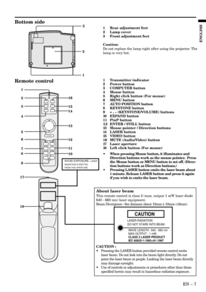 Page 7EN – 7
ENGLISH
Bottom side
3
2
11 Rear adjustment feet
2 Lamp cover
3 Front adjustment feet
Caution:
Do not replace the lamp right after using the projector. The
lamp is very hot.
17
POWER MUTE
COMPUTERVIDEO
MOUSE LASER
MENU
ENTER/STILL
R-CLICK
AUTO POSITIONPinP
KEYSTONE EXPAND
KEYSTONE–+
VOLUME –+
181
2
3
4
5
6
7
910 11 12 13 14 15 16
8
Remote control1 Transmitter indicator
2 Power button
3 COMPUTER button
4 Mouse button
5 Right click button (For mouse)
6 MENU button
7 AUTO POSITION button
8 KEYSTONE...