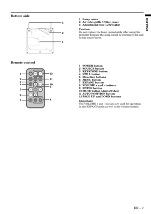 Page 7EN – 7
ENGLISH
Bottom side
3
1
2
POWER
PAGE
VOLUME
EXPAND
SOURCEKEYSTONEAUTOPOSITION
STILLMUTE
ENTER
MENUUP DOWN
1
2
3
4
5
6
7
12
11
10
9
8
1 Lamp cover
2 Air inlet grille / Filter cover
3 Adjustment foot (Left/Right)
Caution:
Do not replace the lamp immediately after using the
projector because the lamp would be extremely hot and
it may cause burns.
Remote control
1 POWER button
2 SOURCE button
3 KEYSTONE button
4 STILL button
5 Direction buttons
6 MENU button
7 EXPAND button
8 VOLUME + and – buttons
9...