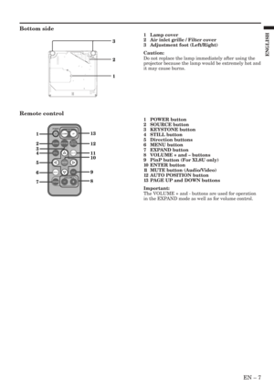 Page 7EN – 7
ENGLISH
Bottom side
3
1
2
POWER
PAGE
VOLUME
EXPAND
SOURCEKEYSTONEAUTOPOSITION
STILLMUTE
ENTER
PinP MENUUP DOWN
1
2
3
4
5
6
7
13
12
11
10
9
8
1Lamp cover
2Air inlet grille / Filter cover
3Adjustment foot (Left/Right)
Caution:
Do not replace the lamp immediately after using the
projector because the lamp would be extremely hot and
it may cause burns.
Remote control
1POWER button
2SOURCE button
3KEYSTONE button
4STILL button
5Direction buttons
6MENU button
7EXPAND button
8VOLUME + and – buttons
9PinP...