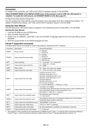 Page 47EN-47
Connection
For details of the connection, see “LAN control UTILITY operation manual” in the CD-ROM.
Configure the initial network settings first.
You can configure the initial settings using the projector menu (see pages 26 to 36) or ProjectorView Global+. For 
details of ProjectorView Global+, see “LAN control UTILITY operation manual” in the CD-ROM.
Using the User Manual
The User Manual for LAN Control Utility is prepared in the Portable Document Format (PDF) in the CD-ROM.
Opening the User...