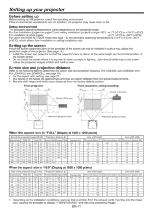 Page 11EN-11
Setting up your projector
Before setting up
Before setting up the projector, check the operating environment. 
If the environmental requirements are not satisﬁed, the projector may break down or fail. 
Setup environment
The allowable operating temperature varies depending on the projection angle.  
For ﬂoor installation (projection angle 0°) and ceiling installation (projection angle 180°):  +41°F (+5°C) to +104°F (+40°C)
For installation at other angles:   +41°F (+5°C) to +95°F (+35°C)
For use in...