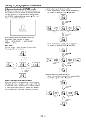 Page 16EN-16
Setting up your projector (continued)
Adjustment using the CURVED mode
To adjust images projected on a curved surface, press 
the ENTER/GEOMETRY button on the projector or the 
GEOMETRY button on the remote control to display 
the CURVED mode, and then press the , ,  or  
button to correct the distortion.
CURVED
ARC
SELECT : BLANK
:     0
:     0
Every time you press the BLANK button, the 
adjustment menu changes as follows: 
ARC 
   HORIZ. ORIGIN    VERT. ORIGIN    
RESET 
   ARC...
ARC...