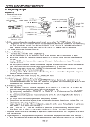 Page 22EN-22
Viewing computer images (continued)
D. Projecting images
Preparation:
t 3FNPWFUIFMFOTDBQ
COMPUTER 1, 2 buttons
Main power switchPOWER indicator LAMP 2 indicator
LAMP 1 indicator
DVI-D(HDCP) 
button
ENTER button
, , ,  buttons
POWER button
(ON/STANDBY)
, , ,  buttons
COMPUTER/DVI-D button
ENTER button
ZOOM/FOCUS button
LENS SHIFT button
POWER button (ON/STANDBY)
LENS SHIFT button
ZOOM/FOCUS button
1.  Put the projector into standby mode by pressing the main power switch. The POWER...