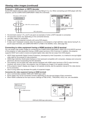 Page 27EN-27
Viewing video images (continued)
Projector + DVD player or HDTV decoder
Some DVD players have an output connector for 3-line ﬁtting (Y, CB, CR). When connecting such DVD player with this 
projector, use the COMPUTER/COMPONENT VIDEO
 IN-2 terminals. 
CB(PB) Y CR(PR) 
B  G R 
DVD player or HDTV decoder
COMPUTER/COMPONENT 
VIDEO IN-2 BNC-RCA connector (option)
BNC cable (option)
t 5IFUFSNJOBMTOBNFT:
1B, and PR are given as examples of when a HDTV decoder is connected.
t...