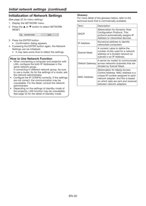 Page 52EN-52
Initialization of Network Settings
(See page 32 for menu setting.)
1.  Display the NETWORK menu. 
2. Press the  or  button to select NETWORK 
RESET.
NETWORK RESET
OK
3.  Press the ENTER button.
t $POmSNBUJPOEJBMPHBQQFBST
4.  If pressing the ENTER button again, the Network 
Settings can be initialized.
t *UNBZUBLFTPNFUJNFUPSFnFDUUIFTFUUJOHT
How to Use Network Function 
t 8IFODPOOFDUJOHBDPNQVUFSBOEQSPKFDUPSXJUI
LAN, conﬁgure the both IP Addresses in the 
same network group....