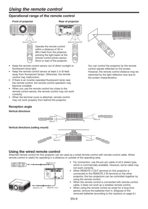 Page 9EN-9
Using the remote control
Using the wired remote control
Attached remote control for this projector can be used as a wired remote control with remote control cable. Wired 
remote control is useful for operating in a distance or outside of the operating area.
REMOTE 2 IN
REMOTE 2 OUT
REMOTE 2 INt PSDPOOFDUJPO
VTFUIFQJOQJODBCMFPG