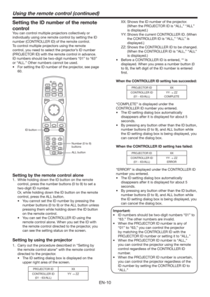 Page 10EN-10
Using the remote control (continued)
Setting the ID number of the remote 
control
You can control multiple projectors collectively or 
individually using one remote control by setting the ID 
number (CONTROLLER ID) of the remote control. 
To control multiple projectors using the remote 
control, you need to select the projector’s ID number 
(PROJECTOR ID) with the remote control in advance. 
ID numbers should be two-digit numbers “01” to “63” 
or “ALL.” Other numbers cannot be used.
t...