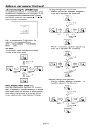 Page 16EN-16
Setting up your projector (continued)
Adjustment using the CURVED mode
To adjust images projected on a curved surface, press 
the ENTER/GEOMETRY button on the projector or the 
GEOMETRY button on the remote control to display 
the CURVED mode, and then press the , ,  or  
button to correct the distortion.
CURVED
ARC
SELECT : BLANK
:     0
:     0
Every time you press the BLANK button, the 
adjustment menu changes as follows: 
ARC 
   HORIZ. ORIGIN    VERT. ORIGIN    
RESET 
   ARC...
ARC...