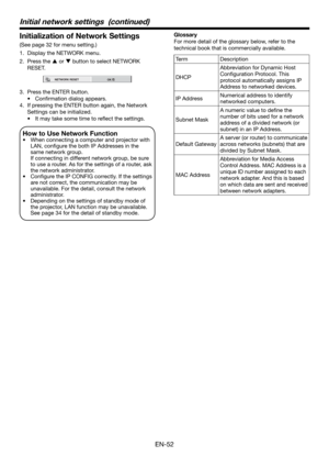 Page 52EN-52
Initialization of Network Settings
(See page 32 for menu setting.)
1.  Display the NETWORK menu. 
2. Press the  or  button to select NETWORK 
RESET.
NETWORK RESET
OK
3.  Press the ENTER button.
• Conﬁ rmation dialog appears.
4.  If pressing the ENTER button again, the Network 
Settings can be initialized.
•  It may take some time to reﬂ ect the settings.
How to Use Network Function 
•  When connecting a computer and projector with 
LAN, conﬁ gure the both IP Addresses in the 
same network group....