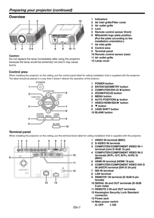 Page 7EN-7
Overview
34756108
1
911
212
6
7
8
9
10 1
3
4
52
1 Indicators
2  Air inlet grille/Filter cover
3  Air outlet grille
4 Lens
5  Remote control sensor (front)
6  Mitsubishi logo plate position
  (Put the plate according to the 
installation orientation.)
7  Air inlet grille
8 Control area
9 Terminal panel
10 Remote control sensor (rear)
11 Air outlet grille
12 Lamp cover
Control area
When installing the projector on the ceiling, put the control panel label for ceiling installation that is supplied with...