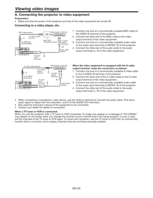 Page 25EN-25
Viewing video images
Connecting to a video player, etc.
1.  Connect one end of a commercially available BNC cable to 
the VIDEO IN terminal of the projector.
2.  Connect the other end of the BNC cable to the video 
output terminal of the video equipment.
3.  Connect one end of a commercially available audio cable 
to the audio input terminals (L/MONO, R) of the projector.
4.  Connect the other end of the audio cable to the audio 
output terminals (L, R) of the video equipment.
When the video...