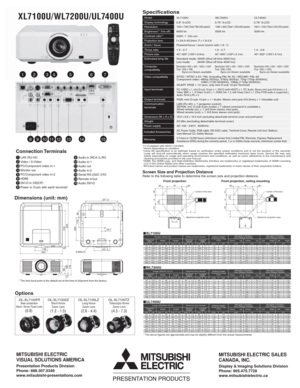 Page 1Dimensions (unit: mm)
Front projection, ceiling mounting Front projection
* The above figures are approximate and may be slightly different from the actual measurements.
Refer to the following table to determine the screen size and projection distance.Screen Size and Projection Distance
Options
nXL7100U
OL-XL7100SZ OL-XL7100LZ OL-XL7100FRRear-projection
Short -throw Fixed Lens
(0.8) 
Short-throw
Zoom Lens
(1.2 - 1.5)
OL-XL7100TZTelescopic-throw
Zoom Lens
(4.3 - 7.3)
Long-throw
Zoom Lens
(2.6 - 4.4)...