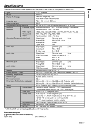 Page 37EN-37
ENGLISH
Speci cations
The speciﬁ cations and outside appearance of the projector are subject to change without prior notice.
*1 : Wireless LAN unit isn’t packaged together with the projector.
Replacement part
(Option / Not included in the box)
Spare lamp                (VLT-XD2000LP)
Type  
Model 
Display Technology
 
Projection lens 
Light-source lamp 
Image size (Projection distance)
Maximum  
resolution Computer signal
 
Video signal 
Component  
signal
 
Computer/Component video input 
 
Video...