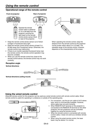 Page 9EN-9
Using the remote control
30°
30°
30°
30°
20°
10° 20°
10°
20°
20°
Operational range of the remote control
•	 Keep	the	remote	control	photo-sensor	out	of	direct	
sunlight or fluorescent lamp light.
•	 Keep	the	remote	control	photo-sensor	at	least	2	m	
(6 feet) away from fluorescent lamps. Otherwise, the 
remote control may malfunction.
•	 If	there	is	an	inverter-operated	fluorescent	lamp	near	
the remote control, the remote control operation may 
become unstable.
•	 When	you	use	the	remote	control	too...