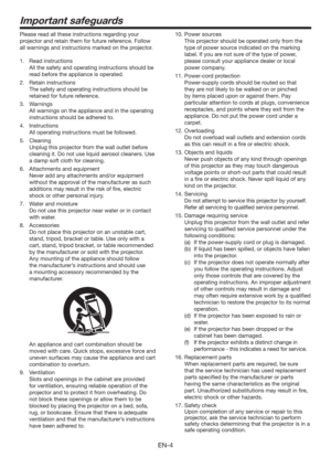 Page 4EN-4
Important safeguards
Please read all these instructions regarding your 
projector and retain them for future reference. Follow 
all warnings and instructions marked on the projector.
1. Read instructions
  All the safety and operating instructions should be 
read before the appliance is operated.
2. Retain instructions
  The safety and operating instructions should be 
retained for future reference.
3. Warnings
  All warnings on the appliance and in the operating 
instructions should be adhered to....