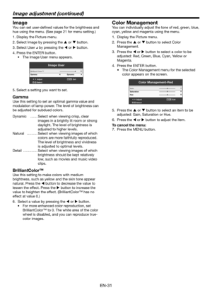 Page 31EN-31
Image adjustment (continued)
Image
You can set user-defined values for the brightness and 
hue using the menu. (See page 21 for menu setting.)
1. Display the Picture menu.
2. Select Image by pressing the  or  button.
3. Select User  by pressing the  or  button.
4. Press the ENTER button.
•	 The	Image	User	menu	appears.
Image User
AdjustMENUExit
Select
Brilliant Color™
Gamma
Dynamic
10
5. Select a setting you want to set.
Gamma
Use this setting to set an optimal gamma value and 
modulation of...