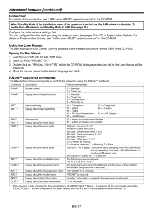 Page 57EN-57
Connection
For details of the connection, see “LAN control UTILITY operation manual” in the CD-ROM.
When Standby Mode of the Installation menu of the projector is set to Low, the LAN network is disabled. To 
enable the LAN network, set Standby Mode to LAN. (See page 26.)
Configure the initial network settings first. 
You	can	configure	the	initial	settings	using	the	projector	menu	(see	pages	33	to	37)	or	ProjectorView	Global+.	For	
details	of	ProjectorView	Global+,	see	“LAN	control	UTILITY	operation...