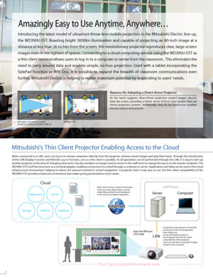 Page 212
LAN
Mitsubishis Thin Client Projector Enabling Access to the Cloud
When connected to a LAN, users can log-in to remote computers directly from the projector, retrieve stored images and play them back. Through the introduction 
of the LAN Display Function and Remote Log-in Function, use as a thin client is possible. As all operations can be performed through the LAN, it is easy to start up 
another projector at the time of changing classrooms. Faculty members no longer need to return to the staf room...