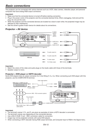 Page 12EN-12
Basic connections
This projector can be connected with various devices such as a VCR, video camera, videodisc player, and personal 
computer that have analog RGB output connectors.
Important: 
t .BLFTVSFUIBUUIFDPOOFDUFEEFWJDFJTUVSOFEPGGCFGPSFTUBSUJOHDPOOFDUJPO
t 1MVHJOUIFQPXFSDPSETPGUIFQSPKFDUPSBOEUIFDPOOFDUFEEFWJDFTmSNMZ8IFOVOQMVHHJOH
IPMEBOEQVMMUIF
plug. Do not pull the cord.
t 8IFOUIFQSPKFDUPSBOEUIFDPOOFDUFEEFWJDFTBSFMPDBUFEUPPDMPTFUPFBDIPUIFS...